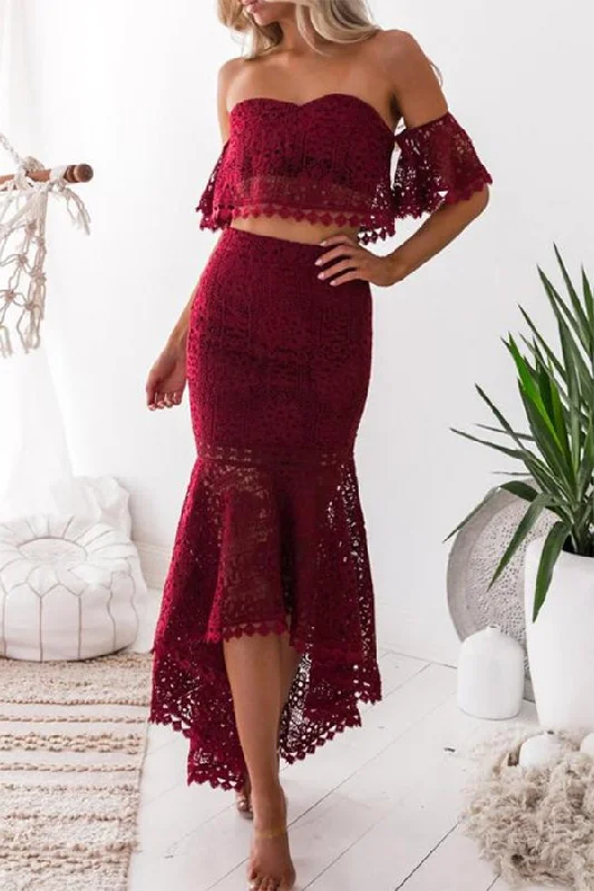 Exclusive Deal Burgundy Two Piece High Low Off-the-Shoulder Mermaid Lace Homecoming Dresses Exclusive Deal Burgundy Two Piece High Low Off-the-Shoulder Mermaid Lace Homecoming Dresses