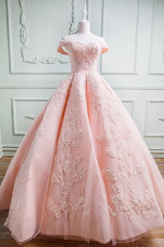 Hot Deal Gorgeous Pink Off The Shoulder Ball Gown Prom Dresses With Appliques