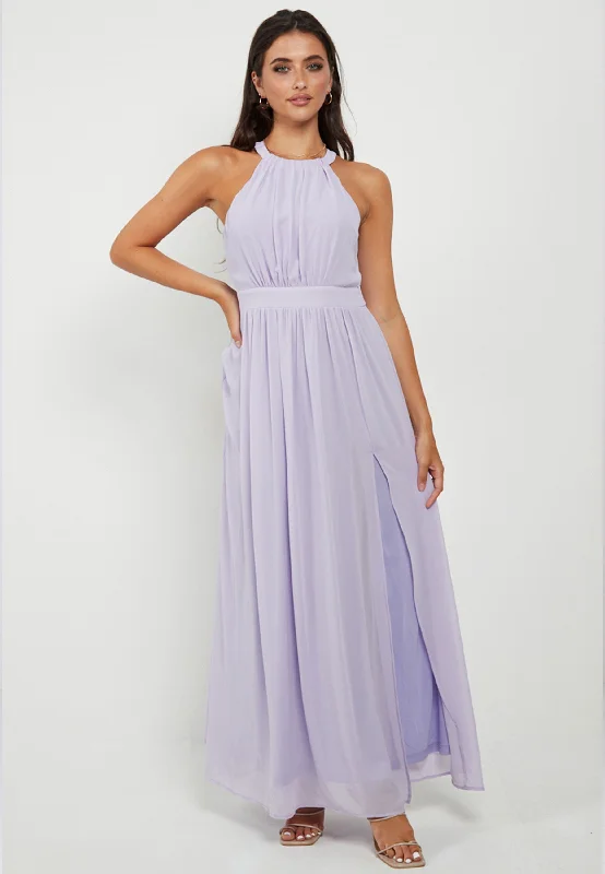 Year-End Sale Halter Neck Maxi Dress With Leg Slit In Lavender