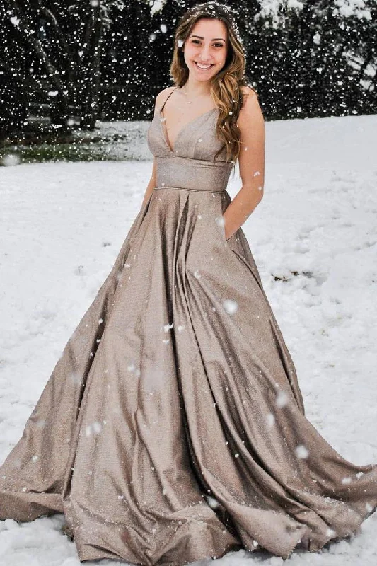 Can't Miss Shiny Sleeveless Chocolate A-line Spaghetti Straps Long Prom Dresses
