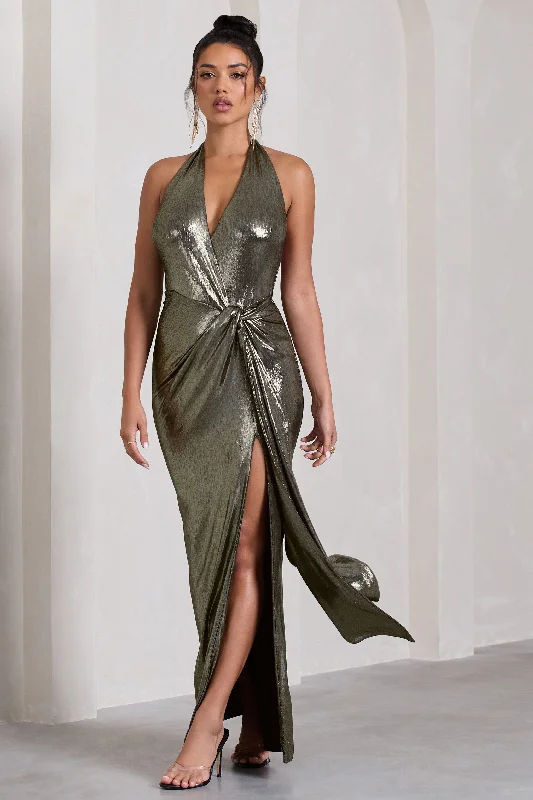 Closeout Tabloid Talk | Gold Metallic Plunge Halter-Neck Maxi Dress With Twisted Drape