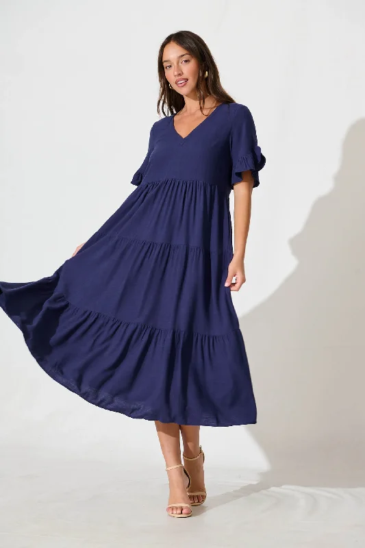 Exclusive Preview Kristen Midi Smock Dress In Navy Linen Blend