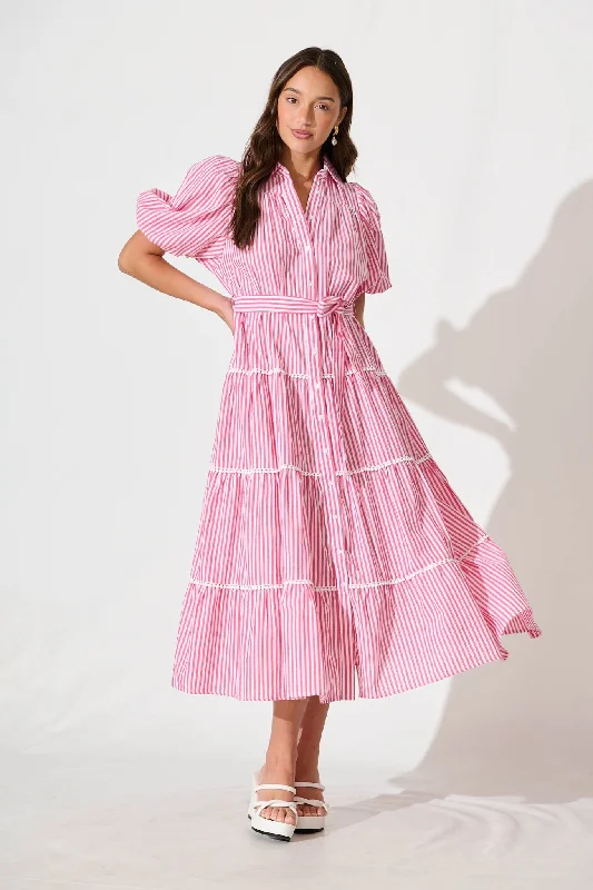 Can't Miss Riverina Midi Shirt Dress in Pink with White Stripe Cotton
