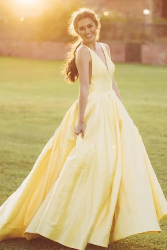 One-DAY Sale Yellow Sleeveless A Line Long Prom Dresses