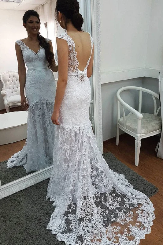 Don’t Miss Out Mermaid Court Train V Neck Sleeveless Backless Lace Wedding Dresses Don’t Miss Out Mermaid Court Train V Neck Sleeveless Backless Lace Wedding Dresses