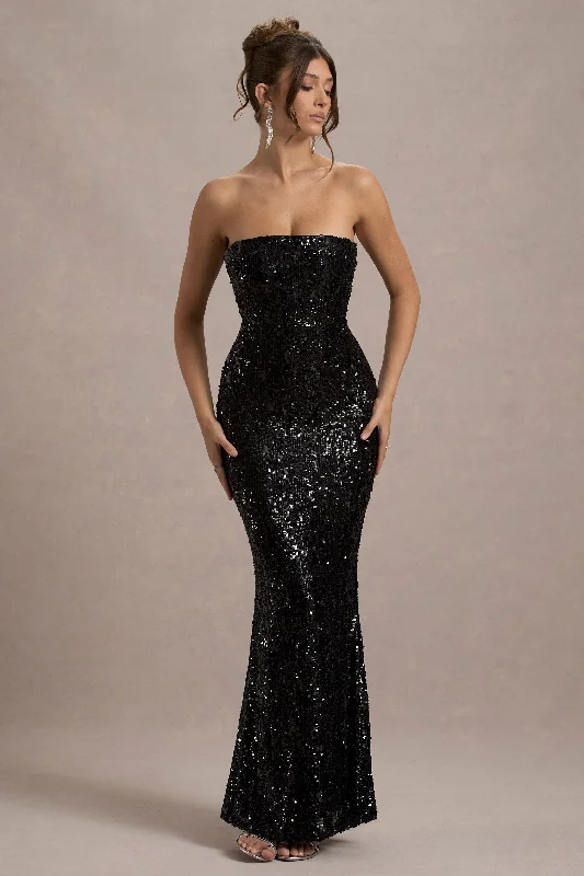 Markdowns Like Magic | Black Sequin Bandeau Maxi Dress