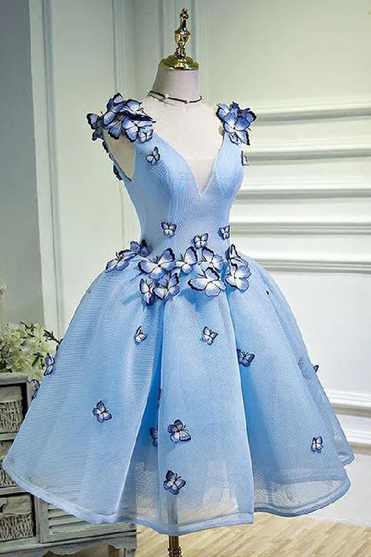 Super Bargain Elegant Butterfly Applique V Neck Sleeveless Short Homecoming Dresses Super Bargain Elegant Butterfly Applique V Neck Sleeveless Short Homecoming Dresses