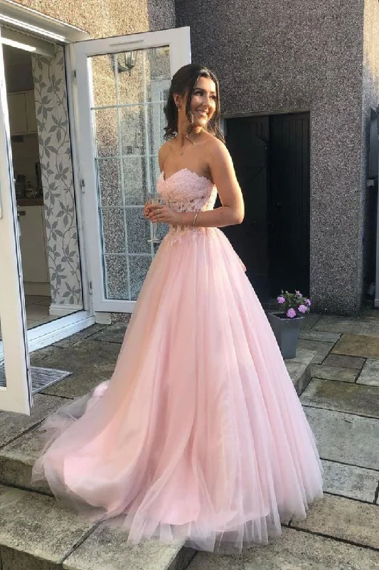 Weekend Deal Pink Sweetheart Sleeveless A Line Tulle Lace Prom Dresses
