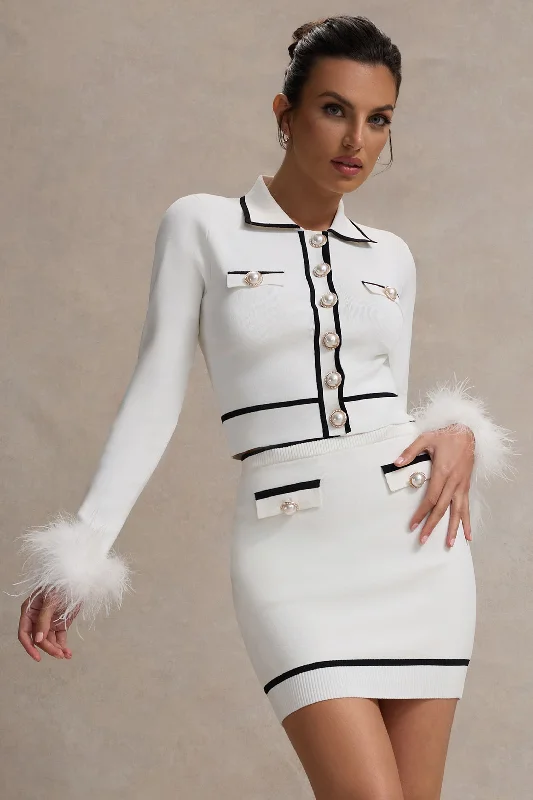 Stock Clearance Coco Crush | Cream Knit Cropped Cardigan With Feather Cuffs