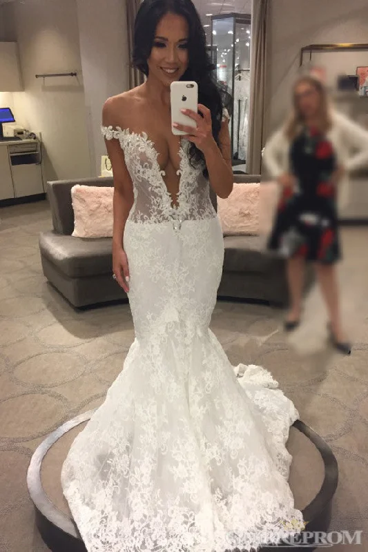 Closeout Vintage Off Shoulder Deep V Neck Mermaid Lace Wedding Dresses