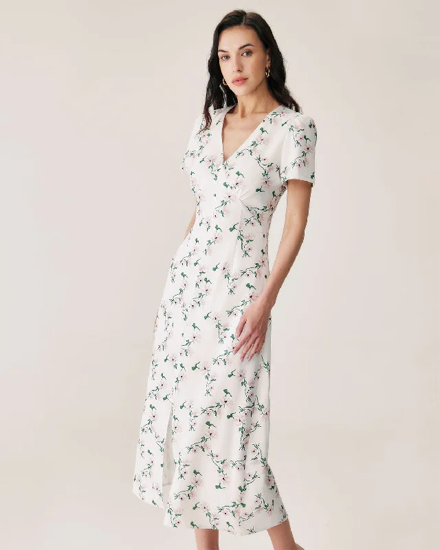 Discount Deals White Floral V-Neck Maxi Dress