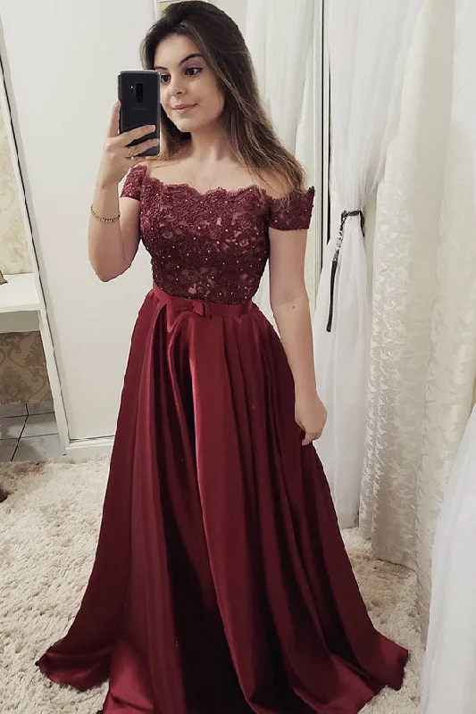 Limited Availability Chic Burgundy Off Shoulder Floor Length Satin Lace Prom Dresses Limited Availability Chic Burgundy Off Shoulder Floor Length Satin Lace Prom Dresses