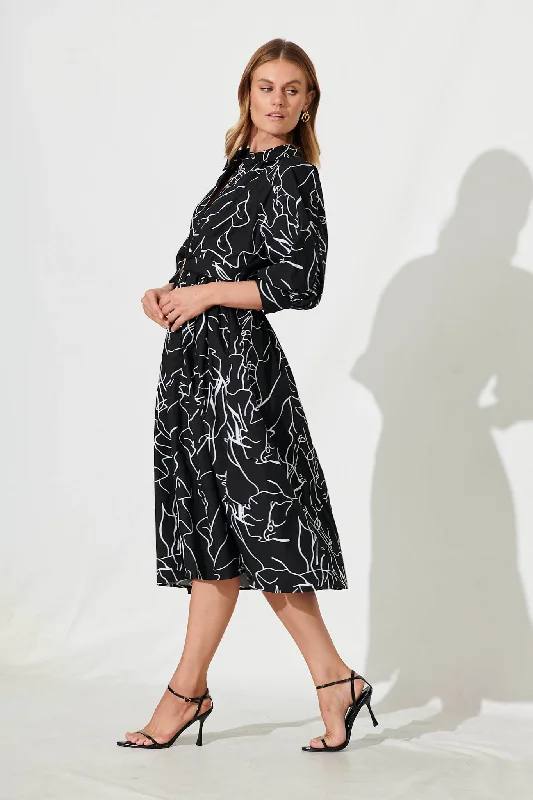 YEAR-End Sale Jenna Midi Shirt Dress In Black With White Print Cotton