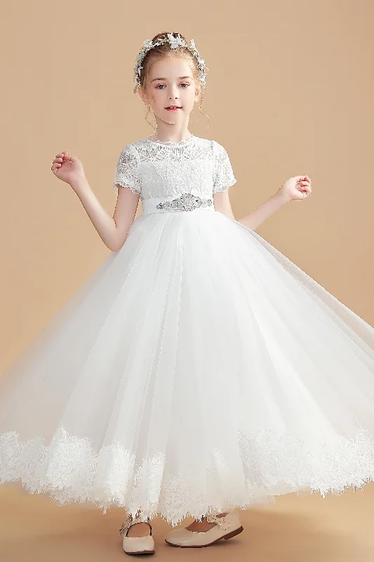 Instant Discount Tulle Short Sleeves Ivory Flower Girl Dresses With Beading