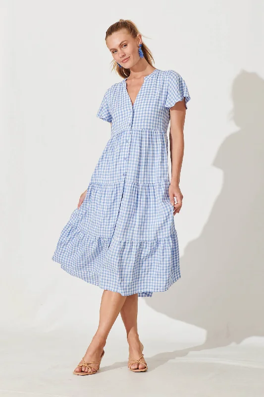 Limited Availability Bently Midi Dress In Blue Gingham Check Cotton Blend