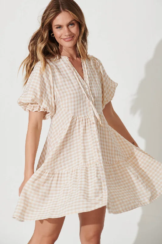 Blowout Deals Santanna Smock Dress In Beige And White Gingham Cotton Blend
