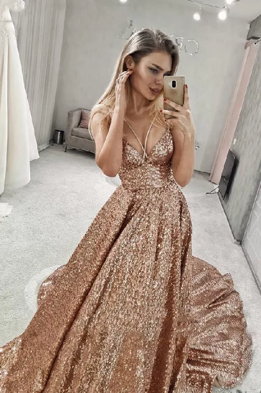 Season Finale Sale Sparkly A-line Straps V Neck Sequin Long Prom Dresses