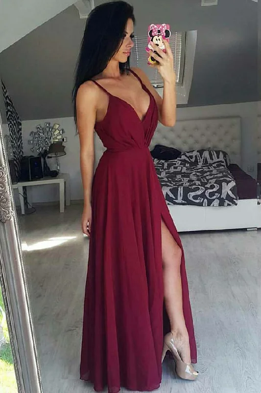 Bargain Bin Spaghetti Straps V-neck Chiffon Burgundy Long Prom Dresses With Split