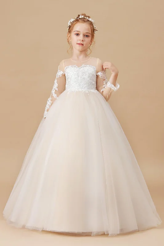 Closeout Floor-length Long Sleeves Lace Tulle Satin Flower Girl Dresses
