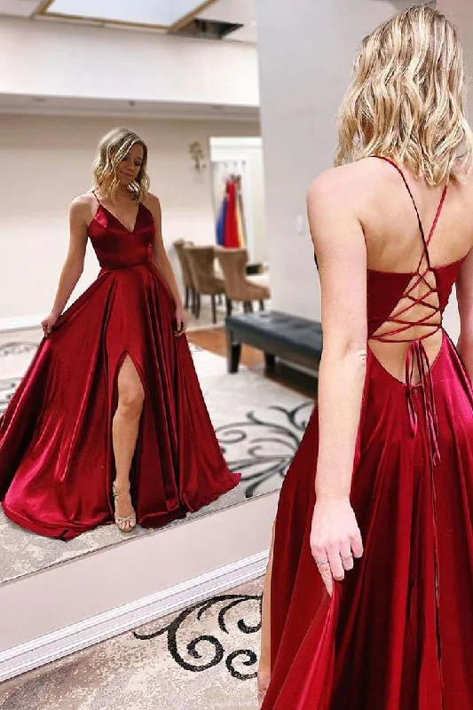 New Markdowns Simple V Neck A Line Sleeveless Satin Long Prom Dresses