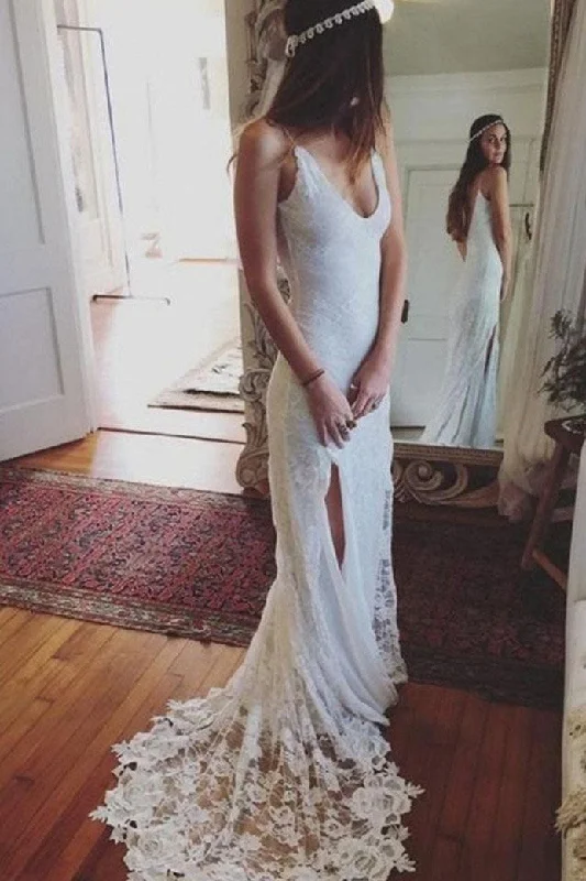 Epic Deals Delicate Mermaid Sheath Spaghetti Straps Backless Wedding Dresses with Split Side Epic Deals Delicate Mermaid Sheath Spaghetti Straps Backless Wedding Dresses with Split Side