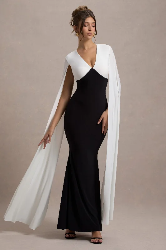 Price Buster Grace Kelly | Black & White Plunge-Neck Maxi Dress With Cape Sleeves