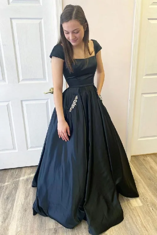 Special Price Black A Line Satin Open Black Long Prom Dresses