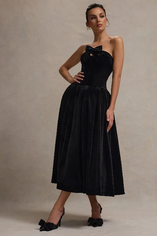 Mega Sale Hepburn | Black Velvet Bandeau Midi Dress With Bow
