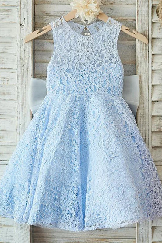 Holiday Sale Round Neck Open Back Lace Appliques With Bowknot Flower Girl Dresses