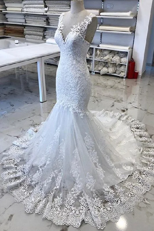 Today's Special Luxury V Neck Lace Tulle Mermaid Wedding Dresses with Appliques