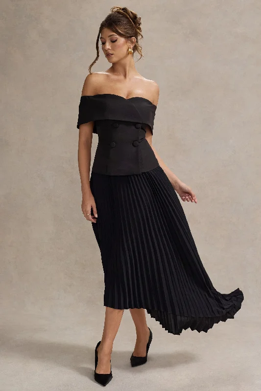 Special Price Hattie | Black Bardot Tailored Midi Dress With Plisse Skirt