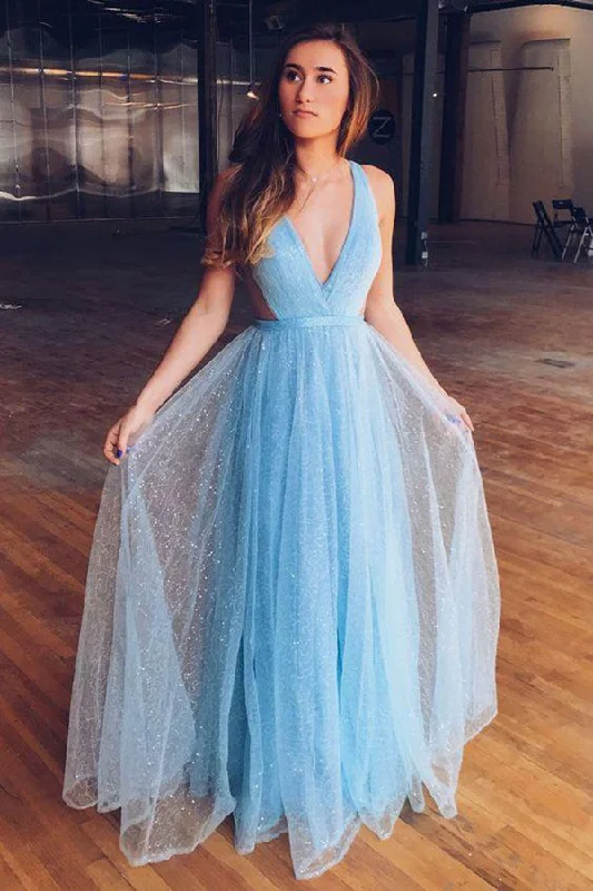 Buy Now Stunning Deep V Neck Sleeveless A Line Floor Length Prom Dresses