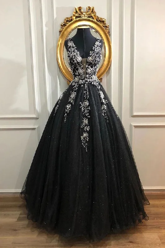 Holiday Sale Unique Black And V-neck Lace Up Beading Tulle Prom Dresses