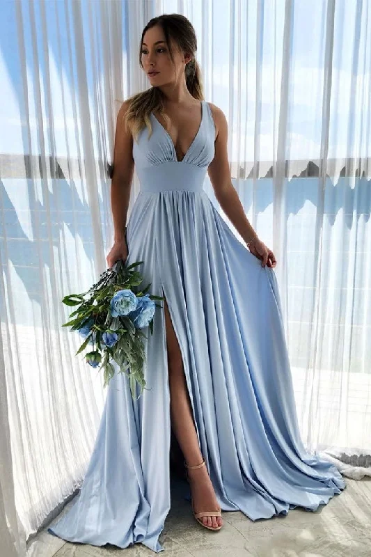 Shop and Save Simple Front Split Light Blue V-neck Elegant Long Prom Dresses
