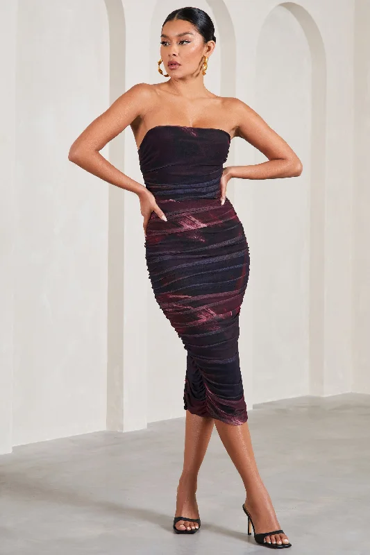 Deal of the Week My Girl | Plum Print Strapless Bodycon Ruched Mesh Midi Dress
