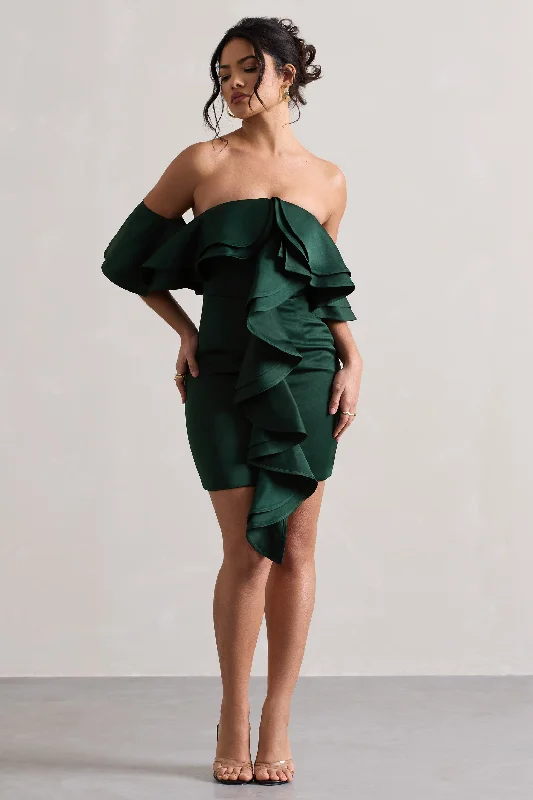 Warehouse Sale Aspen | Bottle Green Bardot Mini Dress With Ruffles