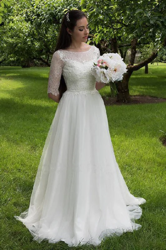 Price Rollback Charming Lace Round Neck Half Sleeves Wedding Dresses