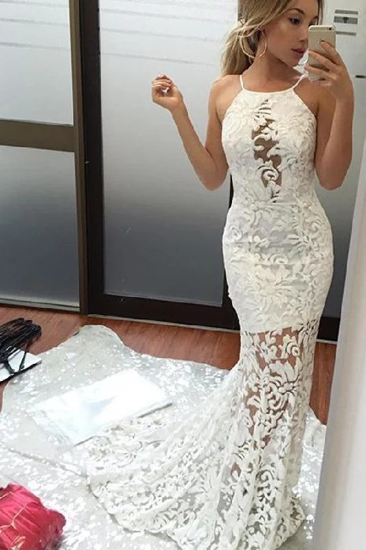 Quick Sale Unique Lace Mermaid Sleeveless Appliques Brush Train Wedding Dresses