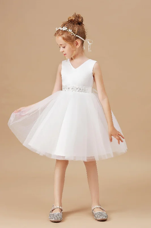 One-DAY Sale Sleeveless Ivory V-neck Tulle Satin Flower Girl Dresses With Bowknot