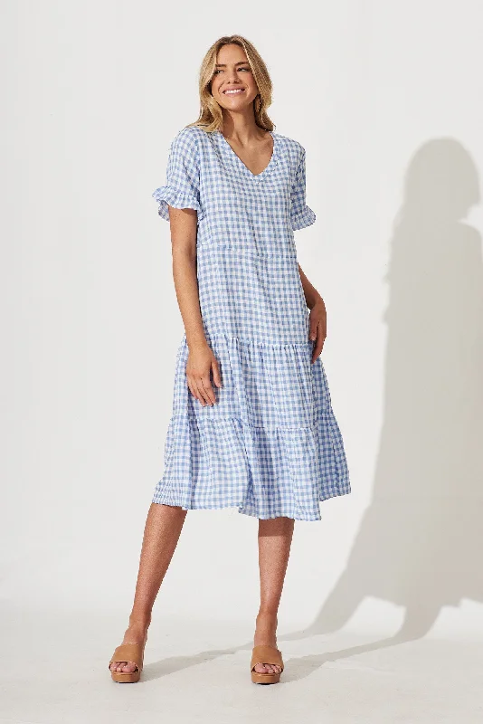 Price Rollback Louisa Midi Smock Dress In Blue And White Gingham Cotton Blend
