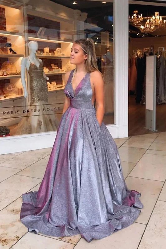 Deal Mania Sparkly A-line V neck Ball Gown Long Prom Dresses