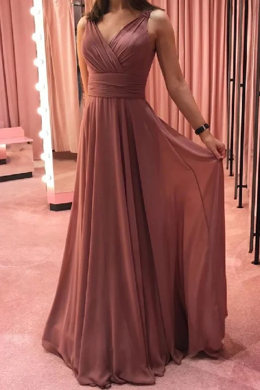 Online Only Simple Chiffon V Neck Long Prom Dresses Bridesmaid Dresses