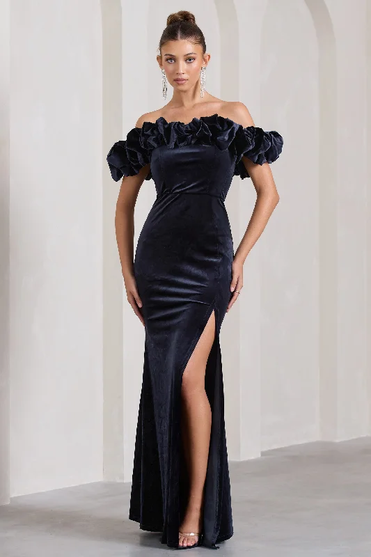 Act Now Esmeralda | Navy Velvet Structured Ruffled Bardot Maxi Dress