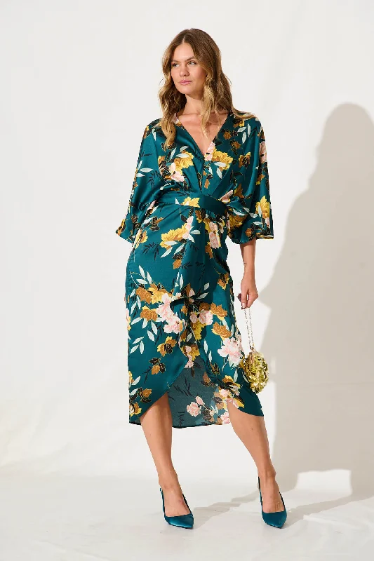 Closeout Joyful Midi Dress In Emerald With Blush Floral Satin