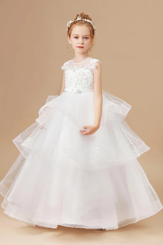 Closeout Sale Ivory Multi-layered Tulle Ruffled Satin Flower Girl Dresses With Bow