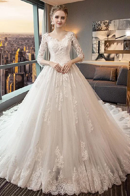 Get It Before It’s Gone Chapel Train 3/4 Sleeve Appliques Ball Gown Wedding Dresses Get It Before It’s Gone Chapel Train 3/4 Sleeve Appliques Ball Gown Wedding Dresses