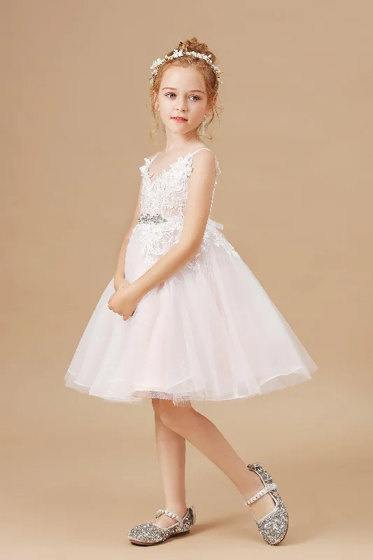 Bonus Savings Halter-top V-neck Appliques Tulle Flower Girl Dresses with Sash