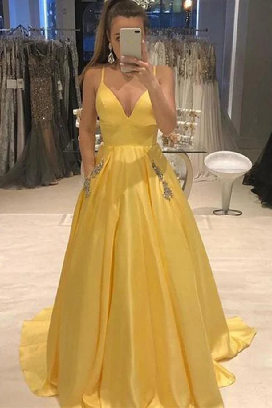Online Only Yellow Spaghetti Straps A Line V Neck Prom Dresses