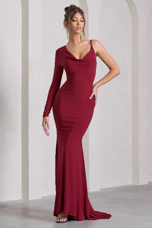 YEAR-End Clearance At Dusk | Berry Red One-Sleeved Cowl-Neck Fishtail Maxi Dress