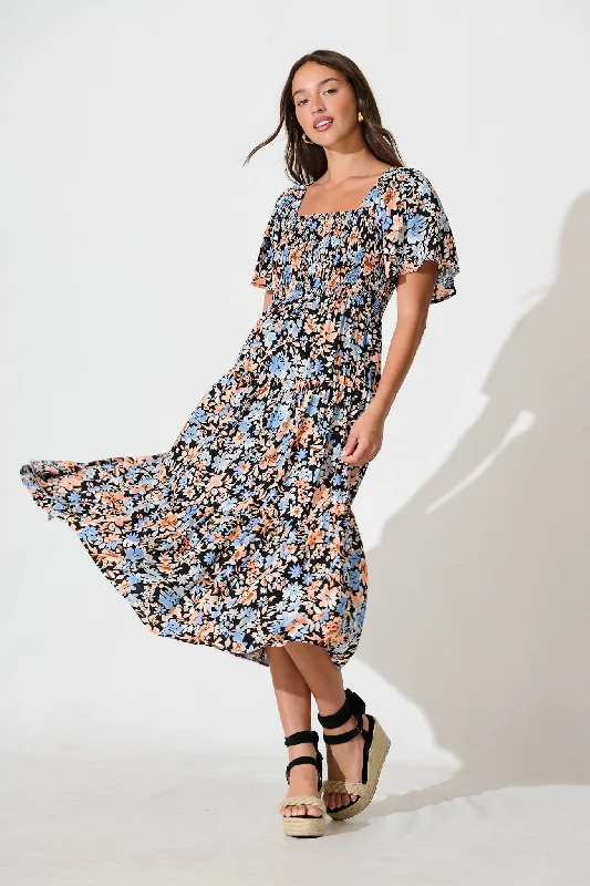 Price Blitz Akino Midi Dress in Black with Multi Floral